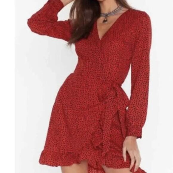 Nasty Gal Brand Red & Black You're Spot On Spotty Dress Size Small Wrap Ruffles - Picture 1 of 5